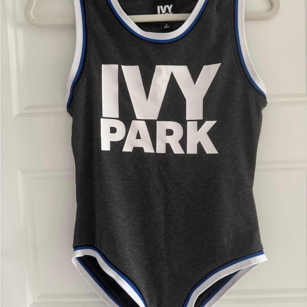 IVY PARK Charcoal Bodysuit with White and Blue Accents like new